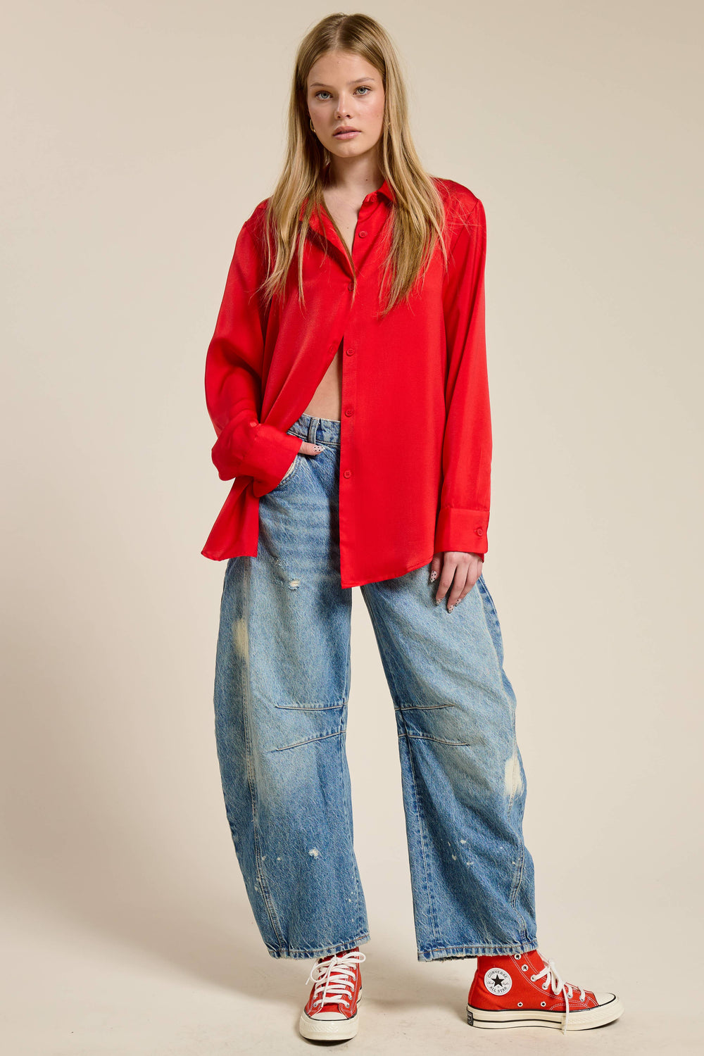 Jade red Satin Button Down Blouse - shirts