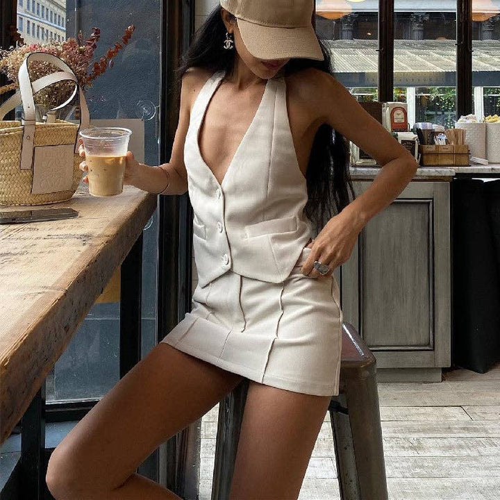 Jordan V-Neck Vest A-line Short Skirt Suit - Sets