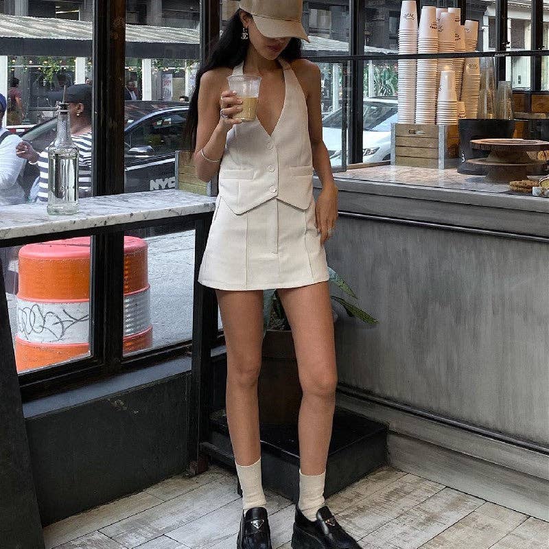 Jordan V-Neck Vest A-line Short Skirt Suit - Sets