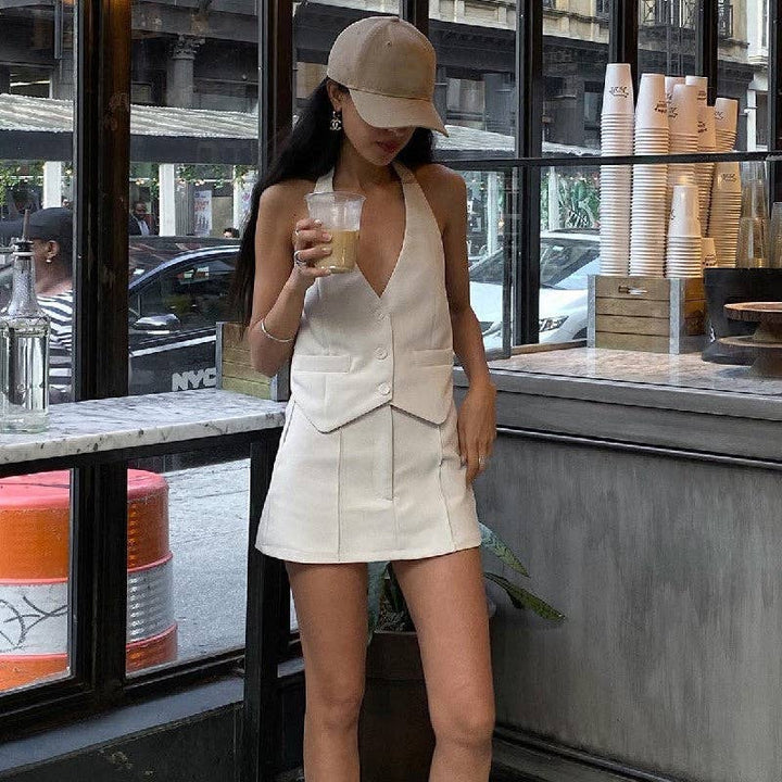 Jordan V-Neck Vest A-line Short Skirt Suit - Sets