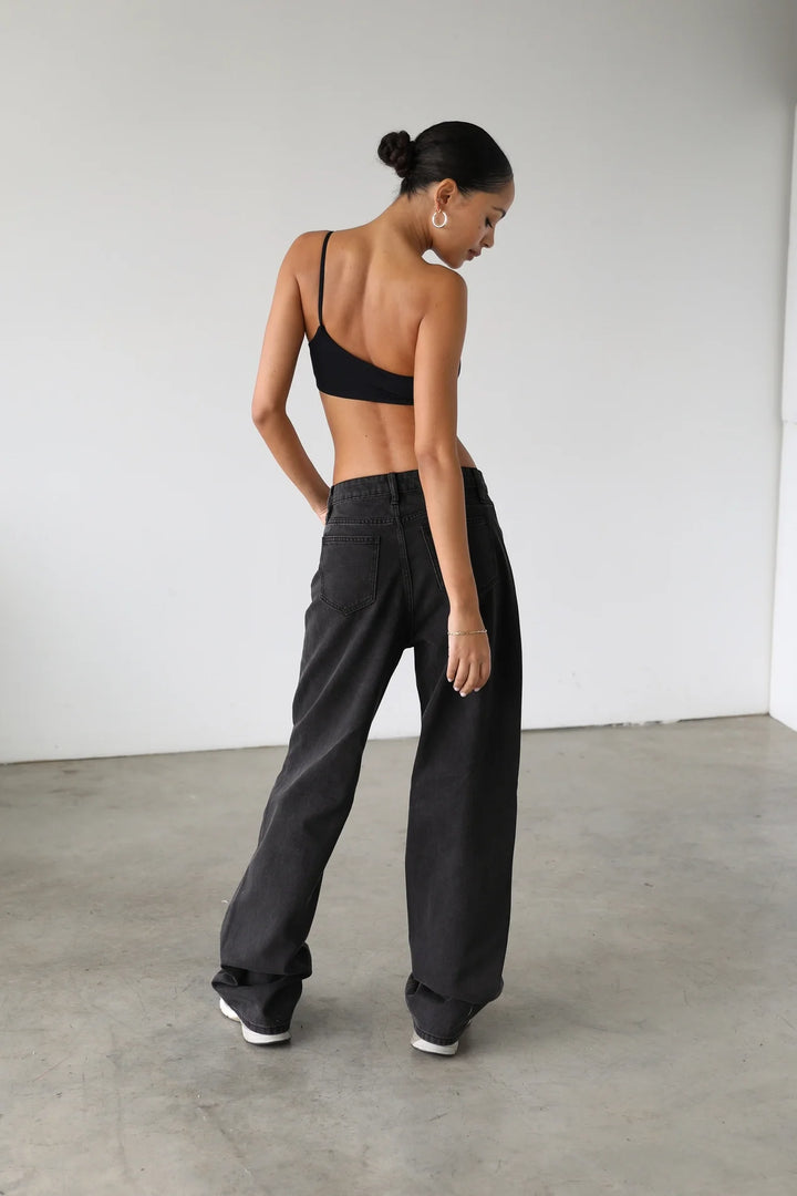 Katie Black High Rise Straight Wide Leg Skater Denim - Jeans