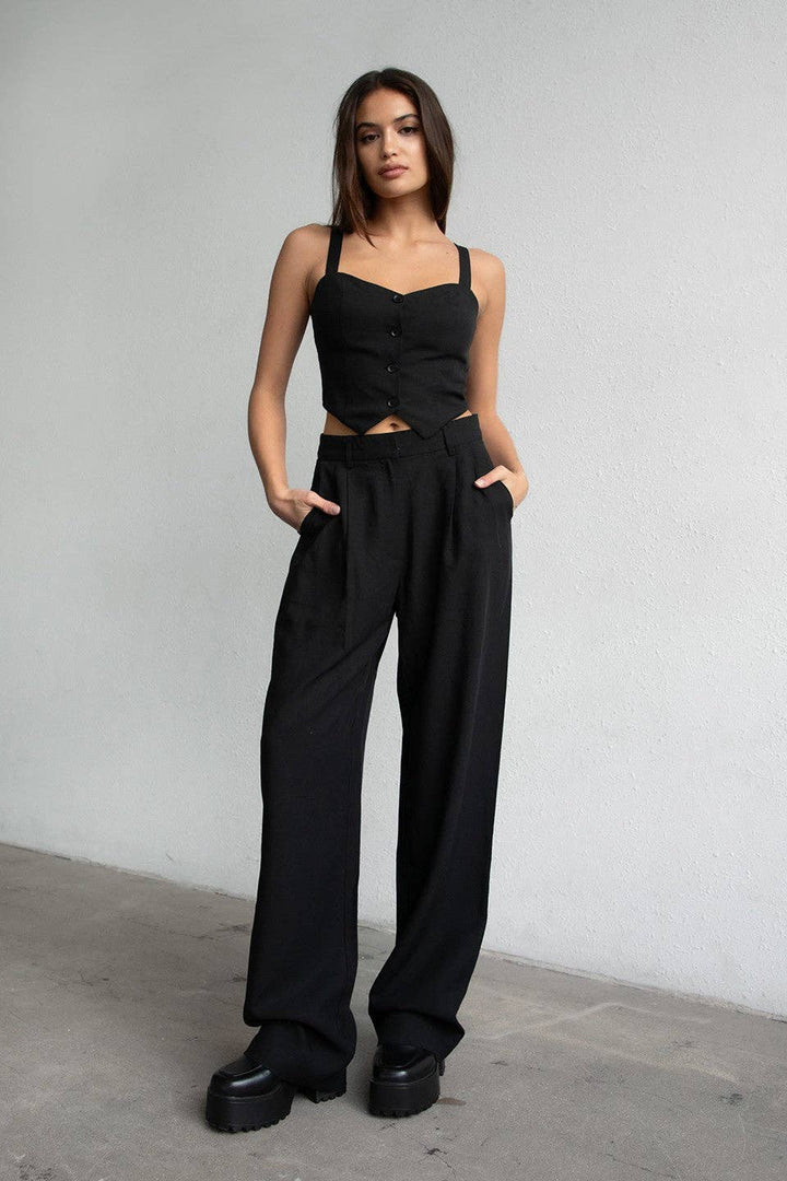 Katy Linen Straight Leg Pants - BLACK / S - Pants