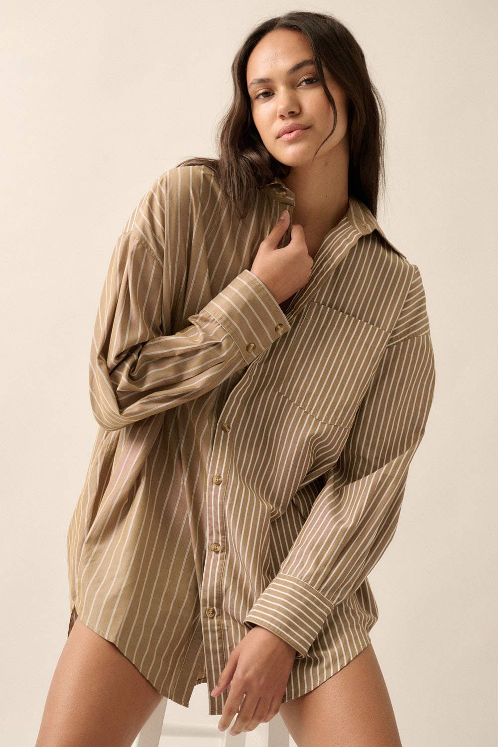 Lia Stripe Button-Front Oversized Pocket Shirt Dress - shirts