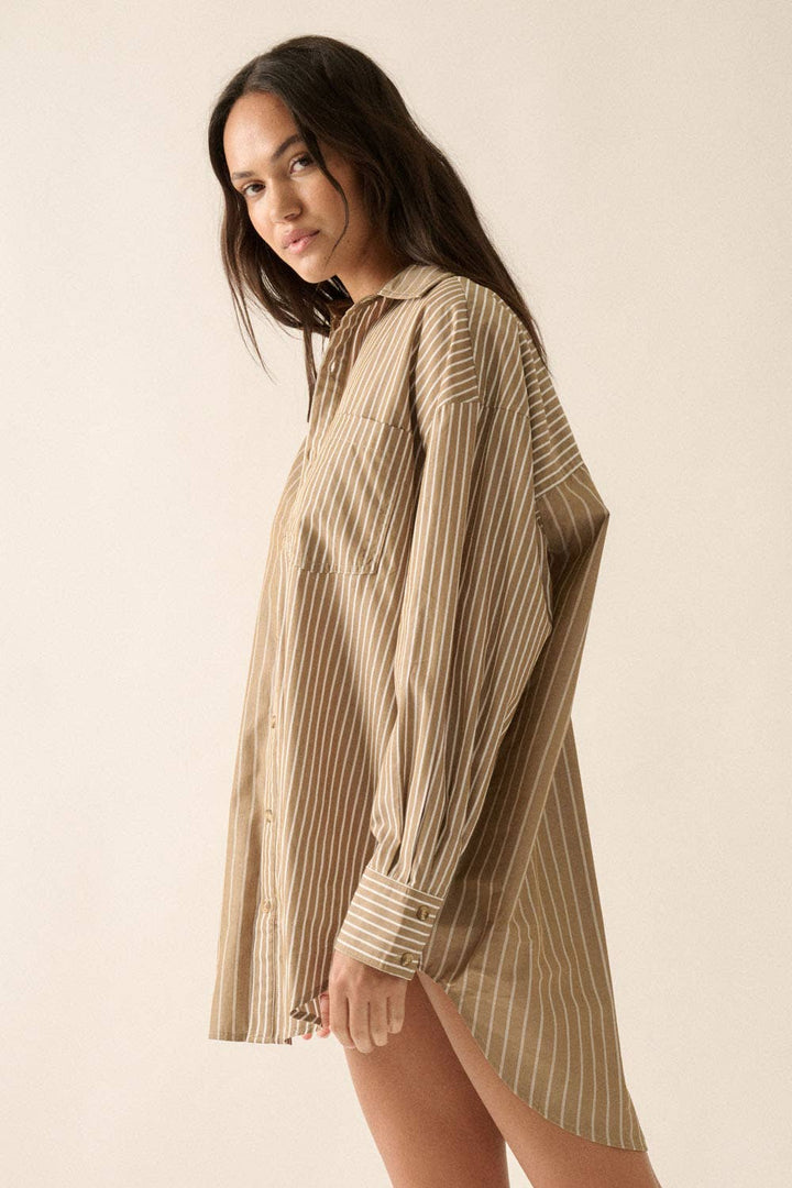 Lia Stripe Button-Front Oversized Pocket Shirt Dress - shirts