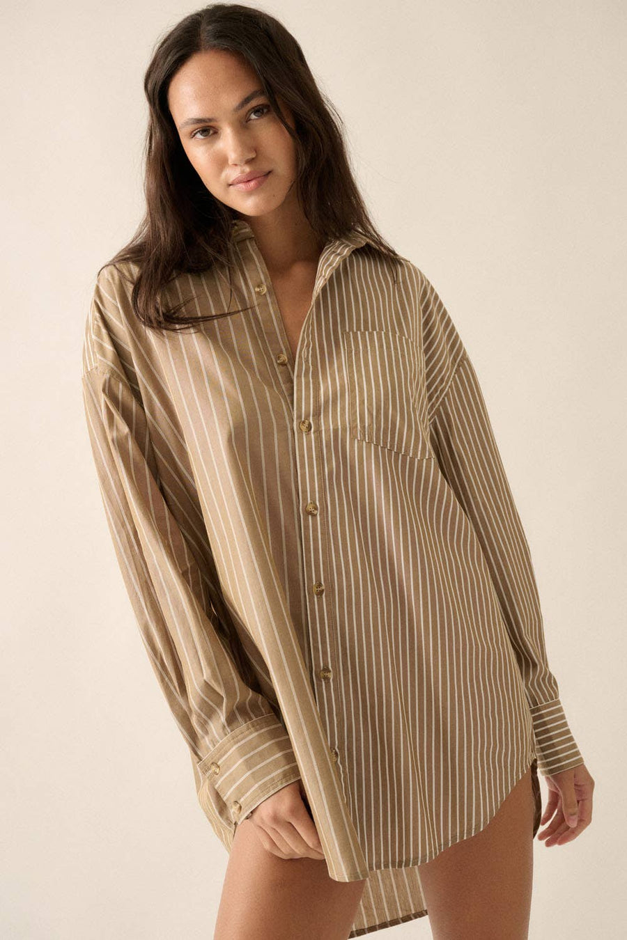 Lia Stripe Button-Front Oversized Pocket Shirt Dress - shirts