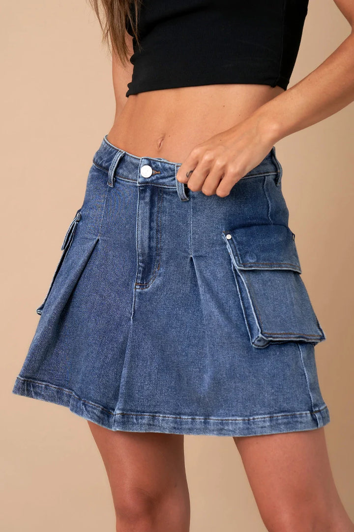 Lilian Pleated Cargo Denim Mini Skirt - SMALL - skirts