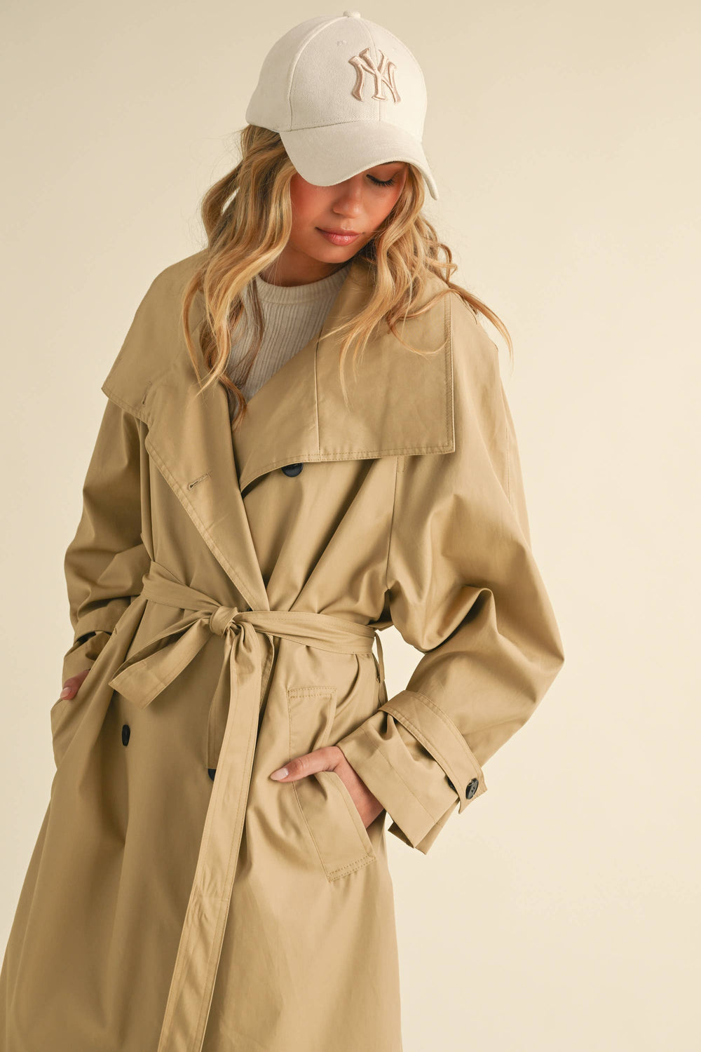 LONG OVERSIZED BELTED TRENCH COAT WITH POCKETS - SM / Beige - Trench coat