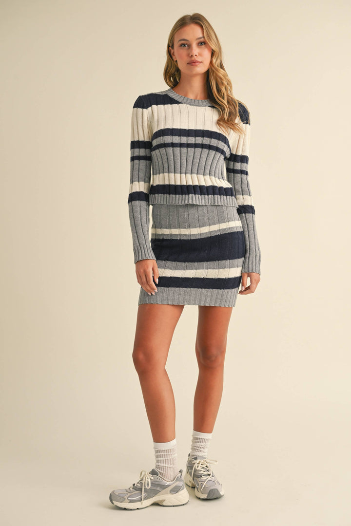 LONG SLEEVE RIB SWEATER KNIT TOP AND SKIRT SET - Sets