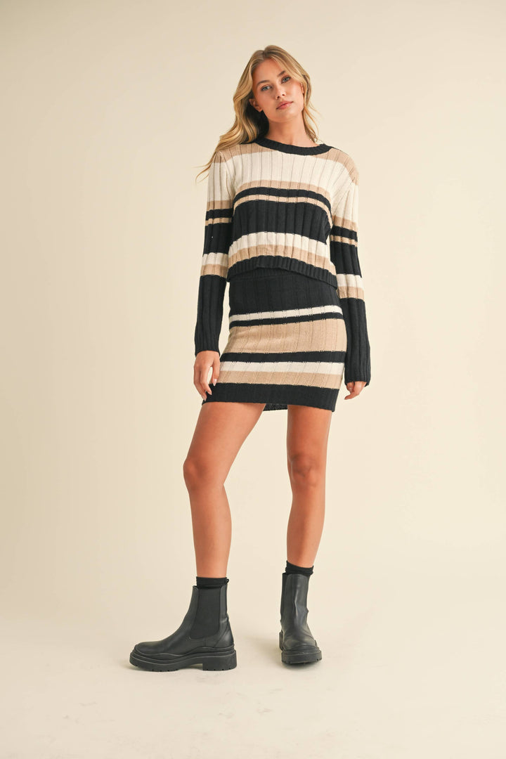 LONG SLEEVE RIB SWEATER KNIT TOP AND SKIRT SET - Sets