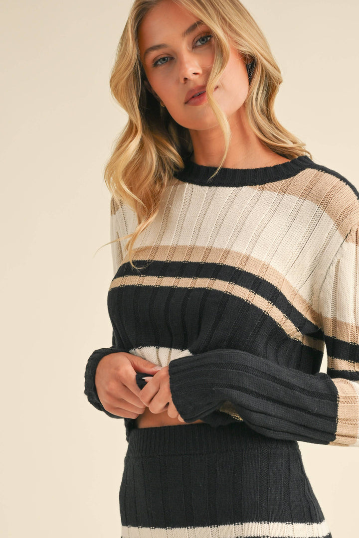 LONG SLEEVE RIB SWEATER KNIT TOP AND SKIRT SET - Sets