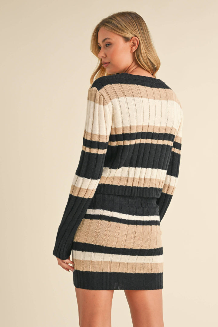 LONG SLEEVE RIB SWEATER KNIT TOP AND SKIRT SET - Sets