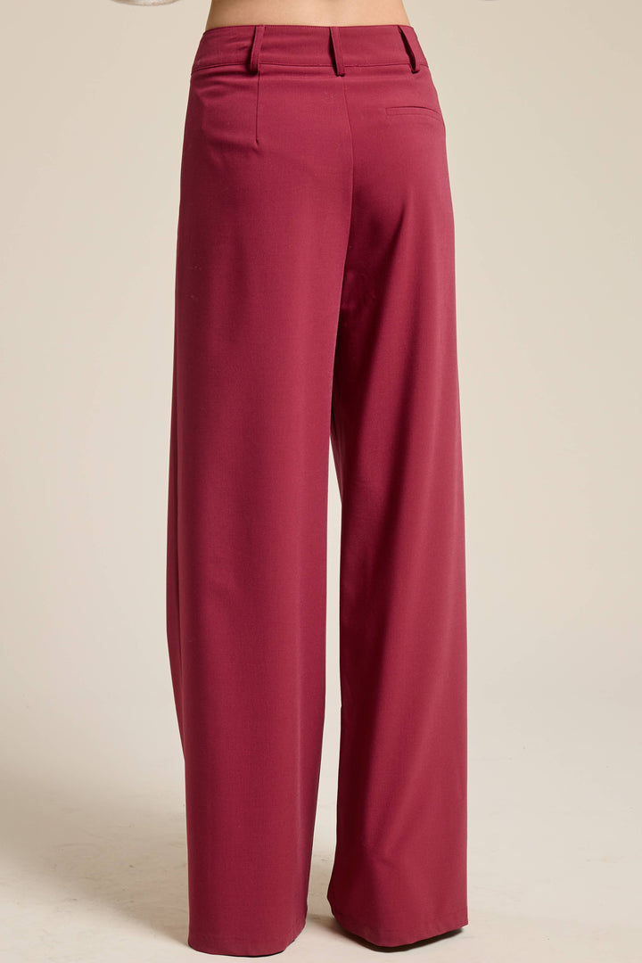 Lyra Burgundy Waist Pleated Wide Leg - Pants