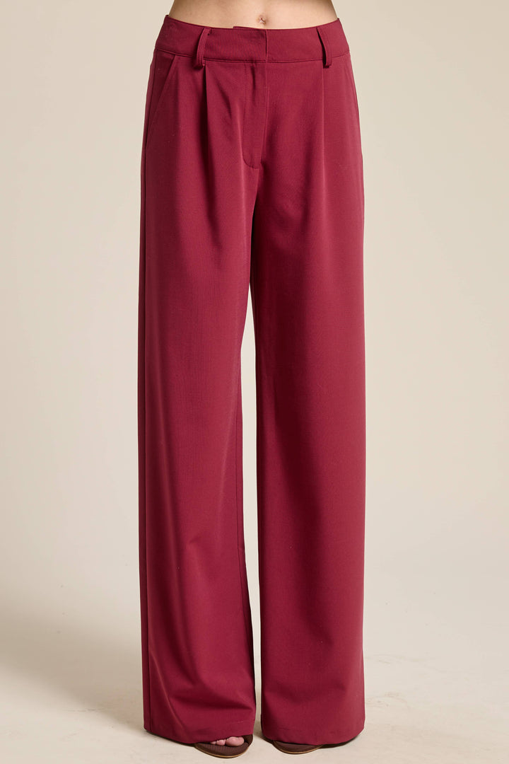 Lyra Burgundy Waist Pleated Wide Leg - Pants