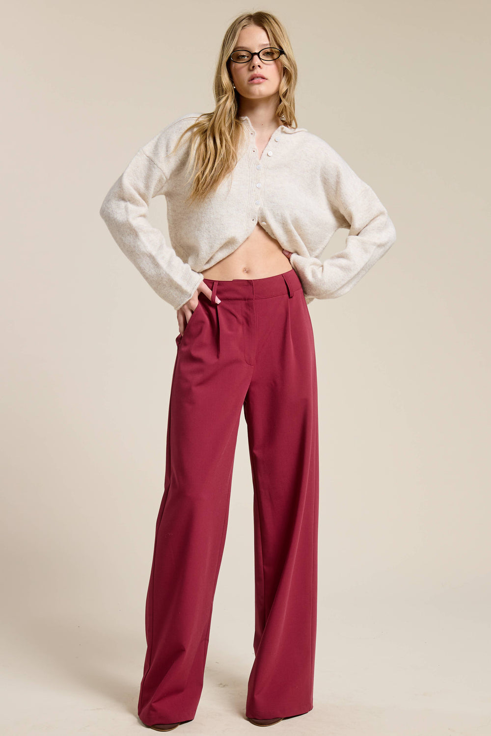 Lyra Burgundy Waist Pleated Wide Leg - Pants