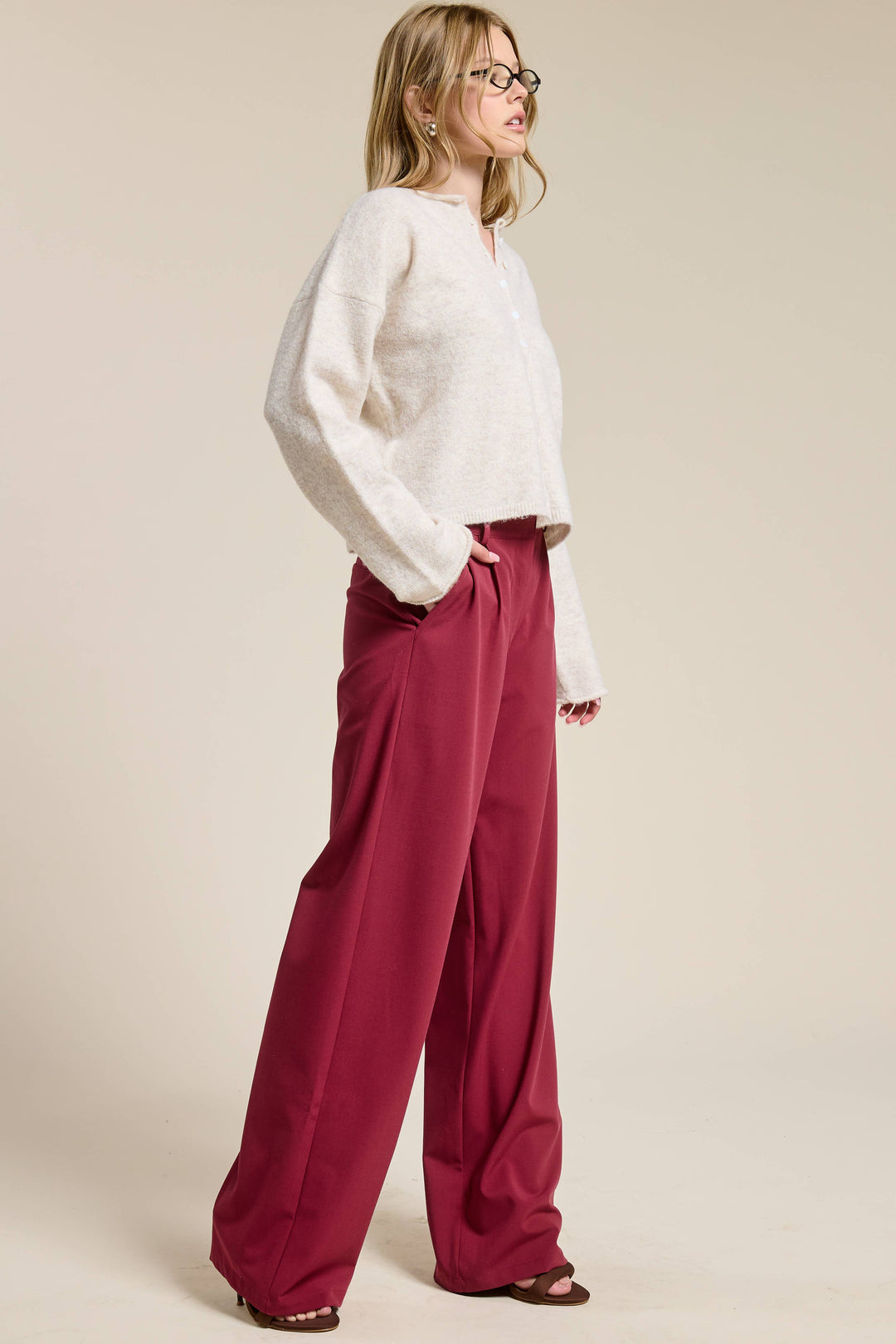 Lyra Burgundy Waist Pleated Wide Leg - Pants