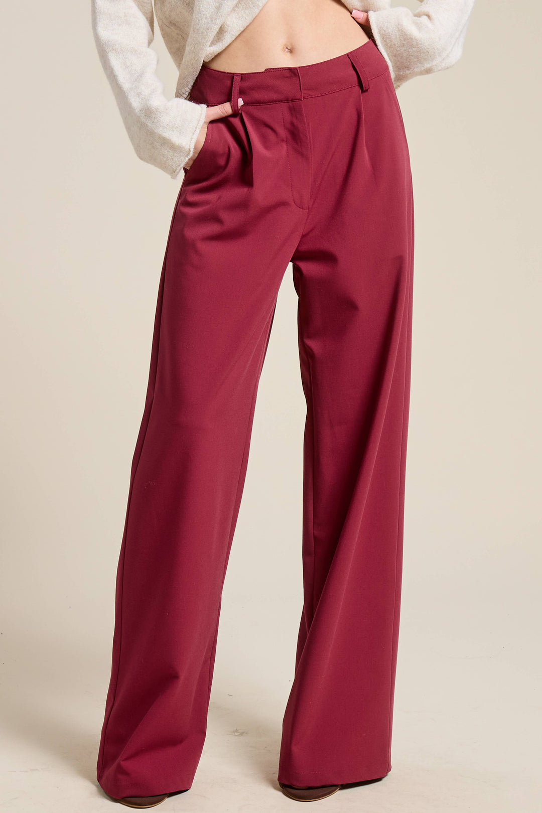 Lyra Burgundy Waist Pleated Wide Leg - Pants