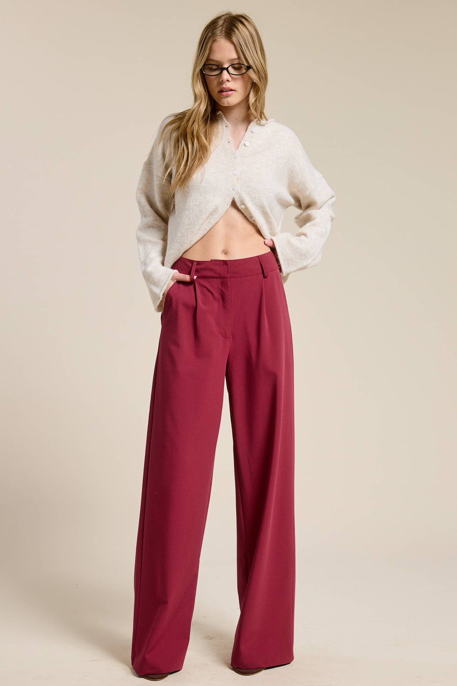 Lyra Burgundy Waist Pleated Wide Leg - Burgundy / S - Pants