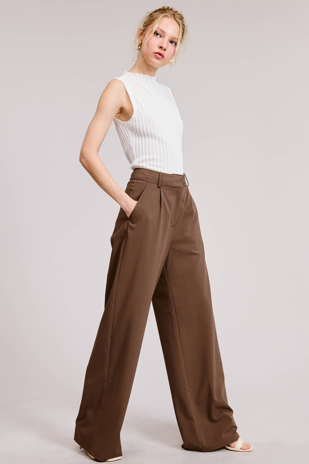 Lyra Mocha Waist Pleated Wide Leg - Mocha / S - Pants