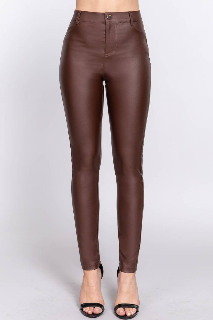 MILEY BROWN PU COATED PANTS - Brn-Chocolate / L - Pants