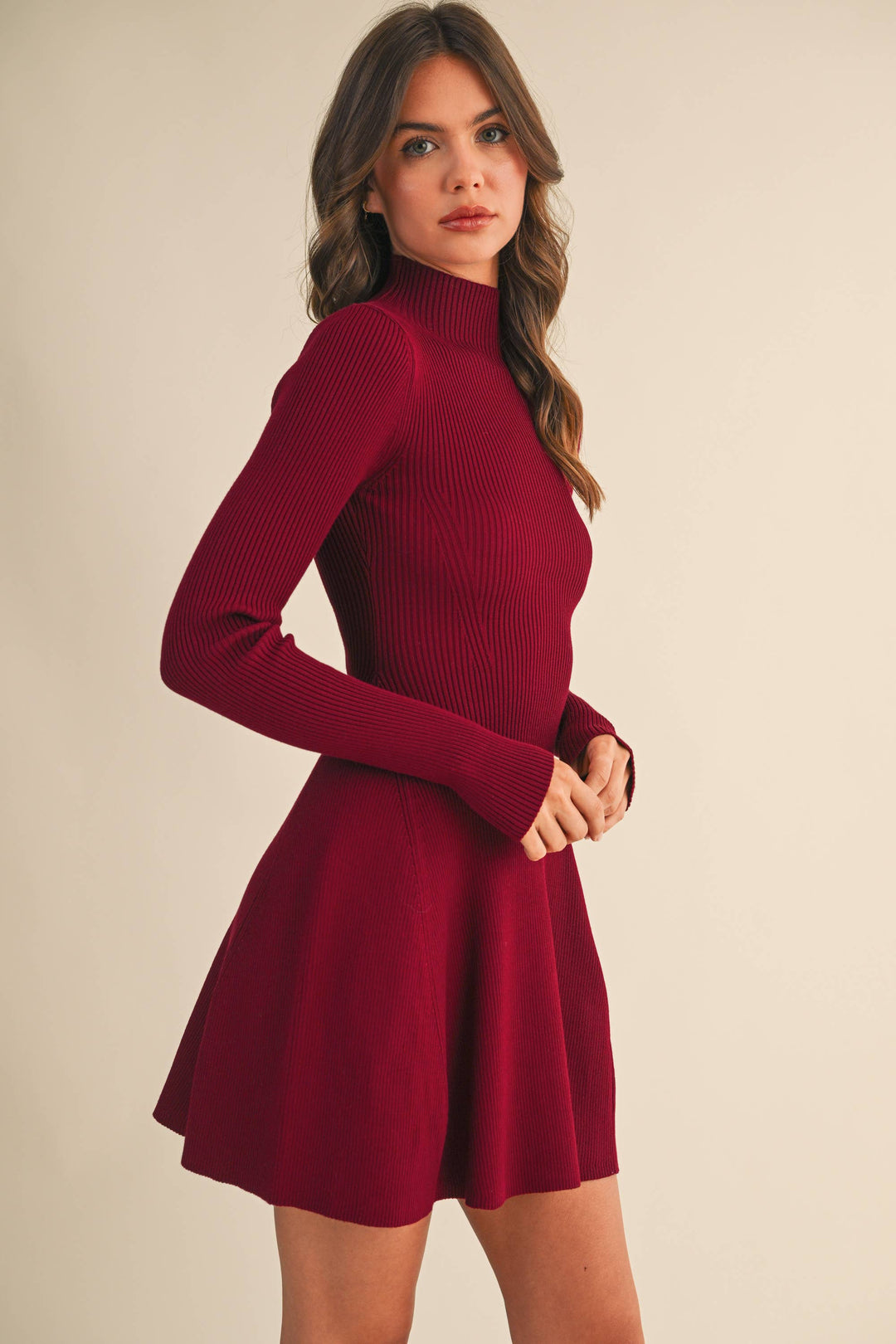 MOCK NECK LONG SLEEVE FIT AND FLARE MINI DRESS - M / Burgundy