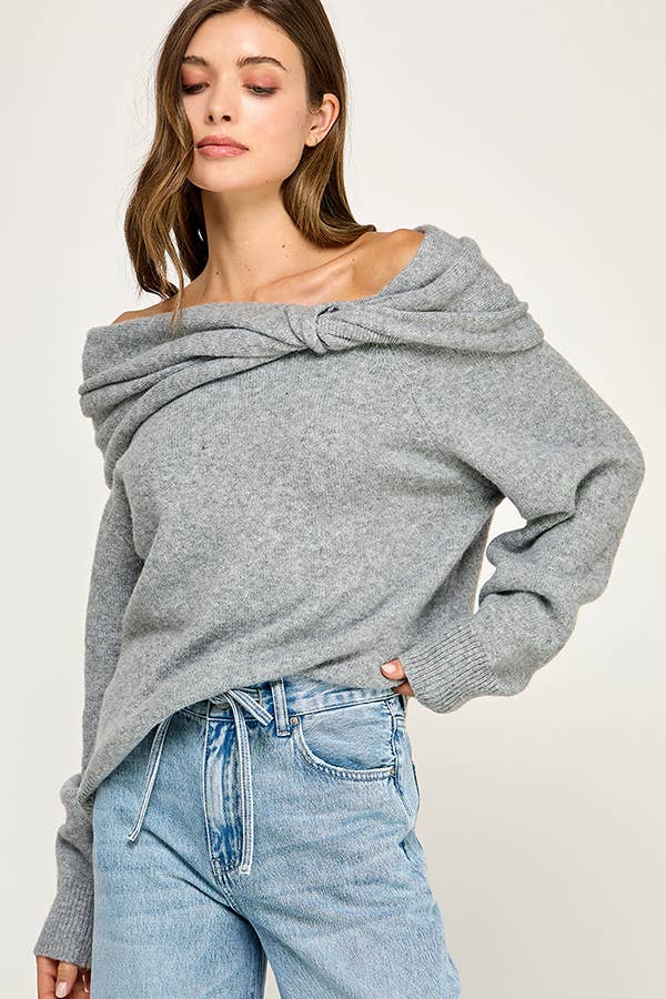 OFF SHOULDER KNOT SWEATER - M / Grey Melange