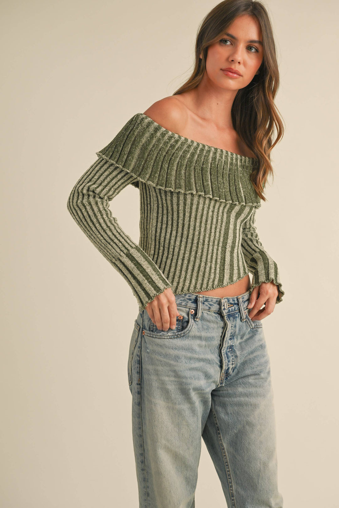 OFF SHOULDER LONG SLEEVE ASYMMETRICAL TOP - Knit sweaters