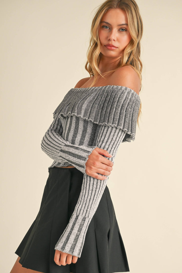 OFF SHOULDER LONG SLEEVE ASYMMETRICAL TOP - Knit sweaters