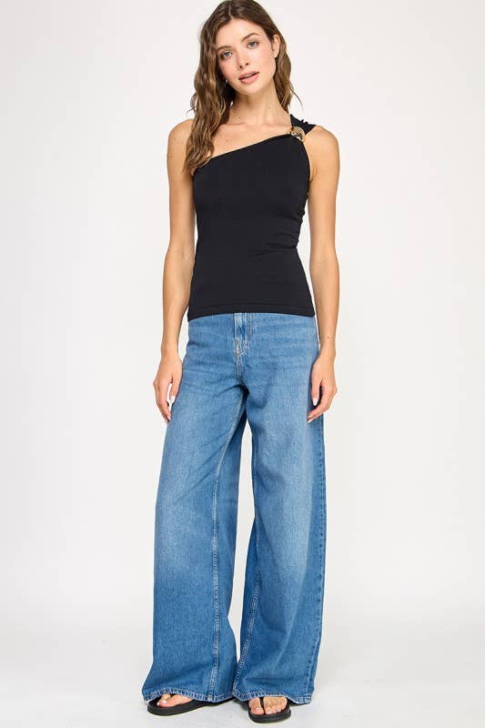 ONE SHOULDER TOP WITH TRIM DETAIL