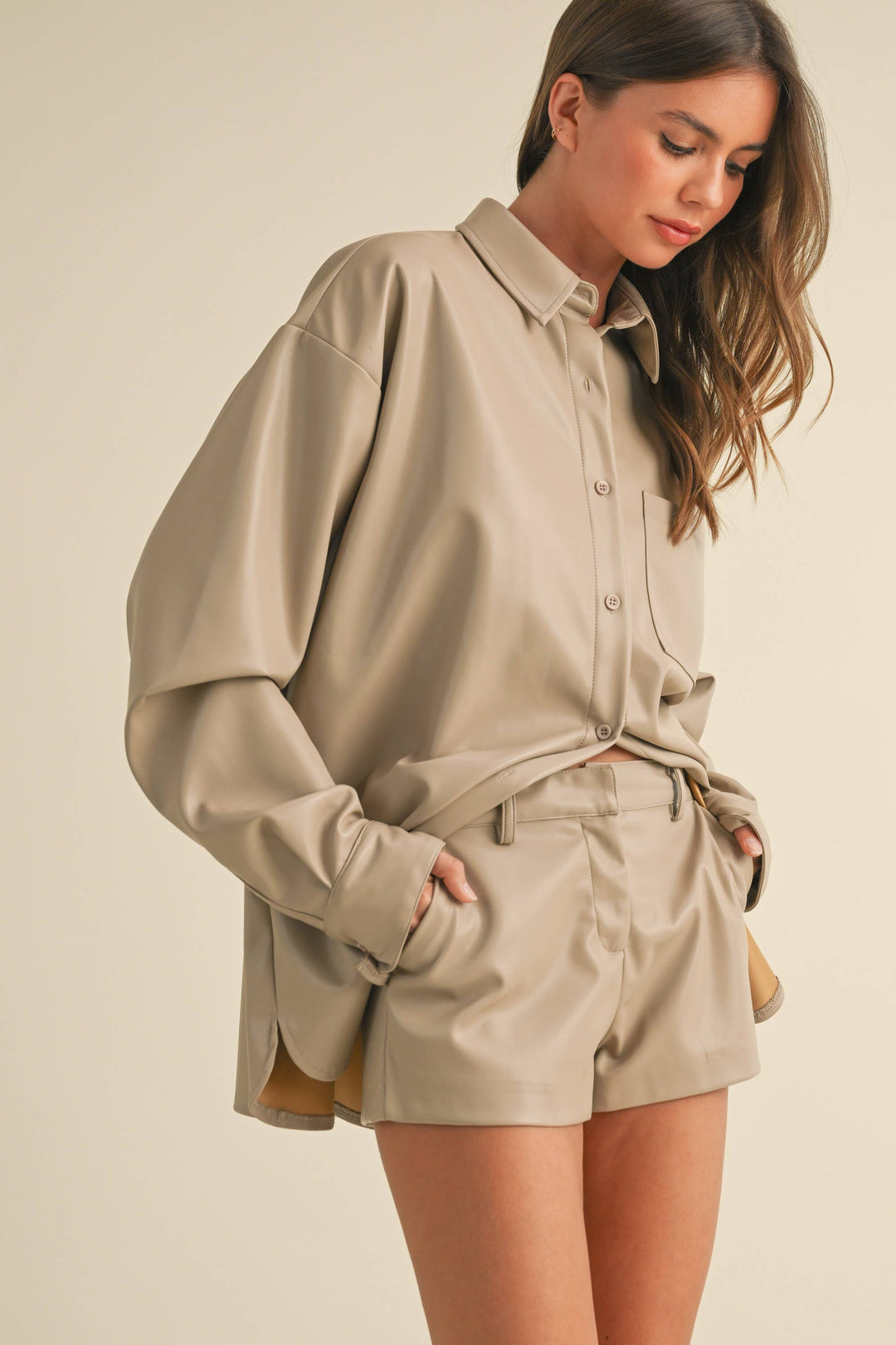 OVERSIZED FAUX LEATHER BUTTON DOWN AND SHORTS - Sets