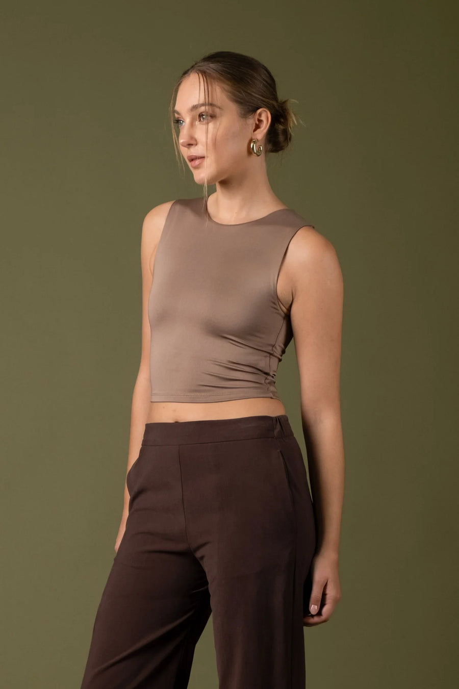 PAMELA TAUPE BASIC SOLID CROPPED TANK TOP - BASICS