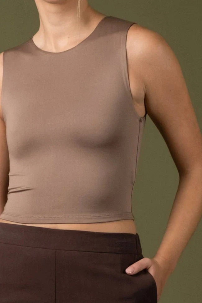 PAMELA TAUPE BASIC SOLID CROPPED TANK TOP - DEEP TAUPE / SMALL - BASICS