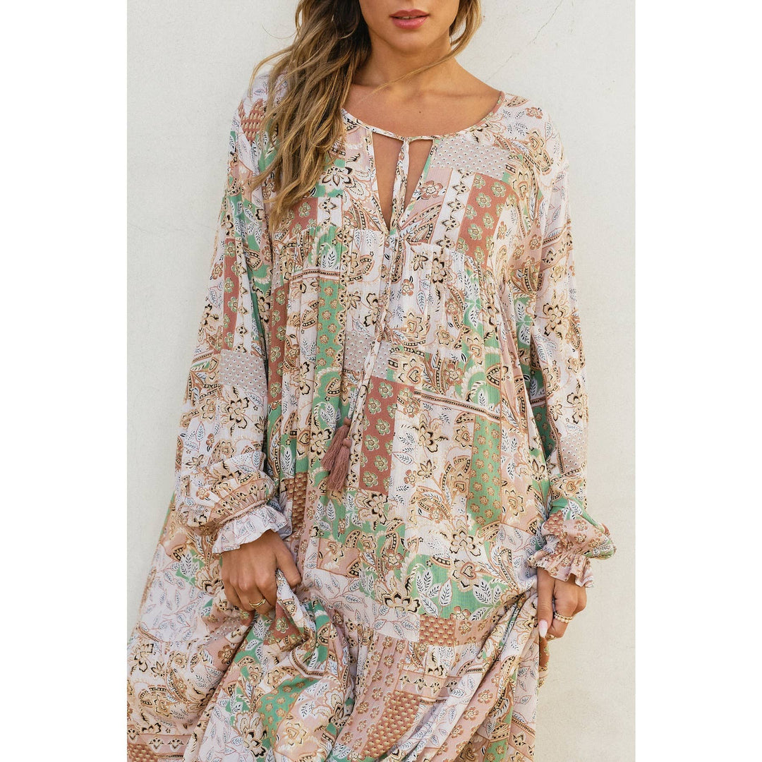 Patty Boho Patchwork Tiered Dress - SAGE/LAVENDER MULTI / S - Dresses