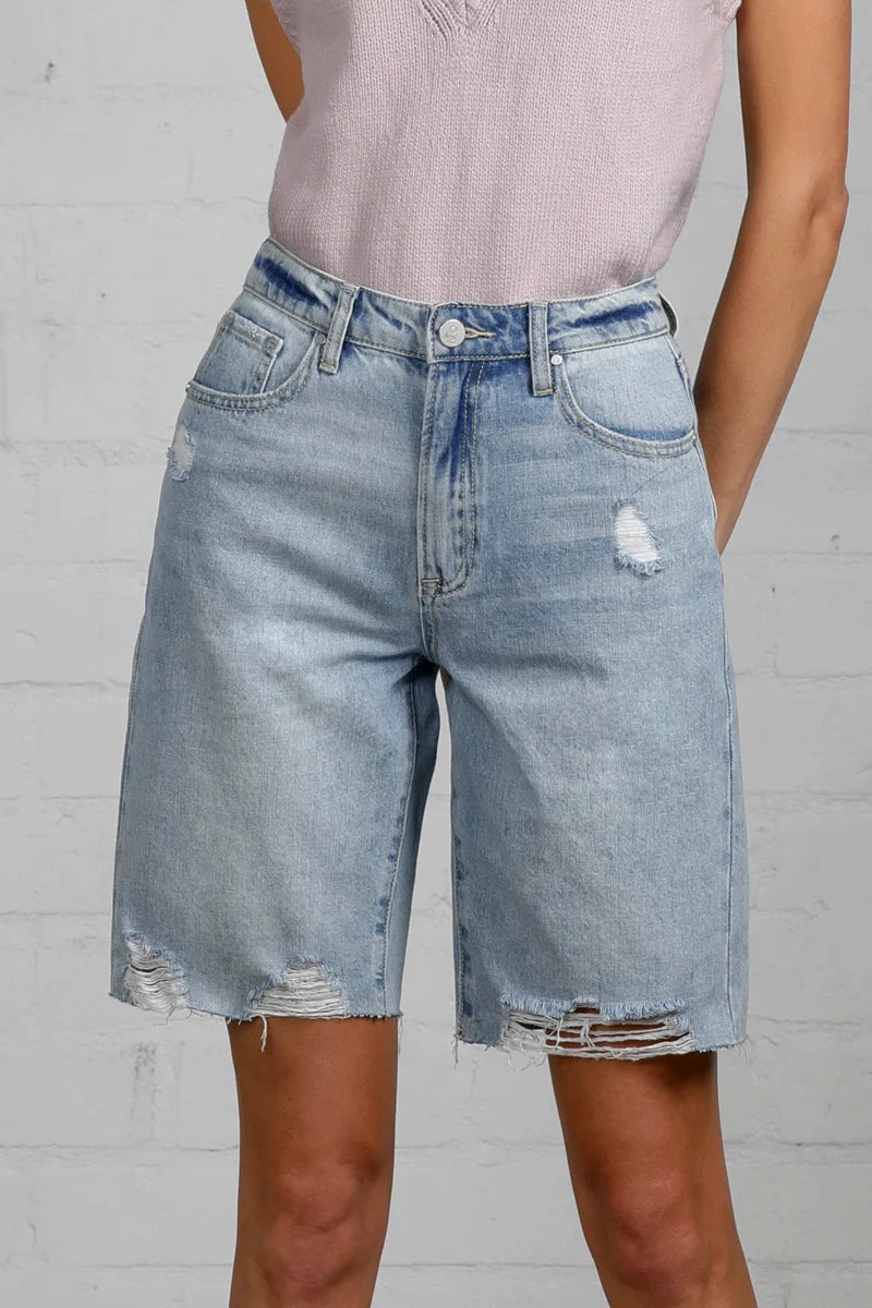 Phoenix High Rise Distressed Bermuda Denim Shorts - SMALL