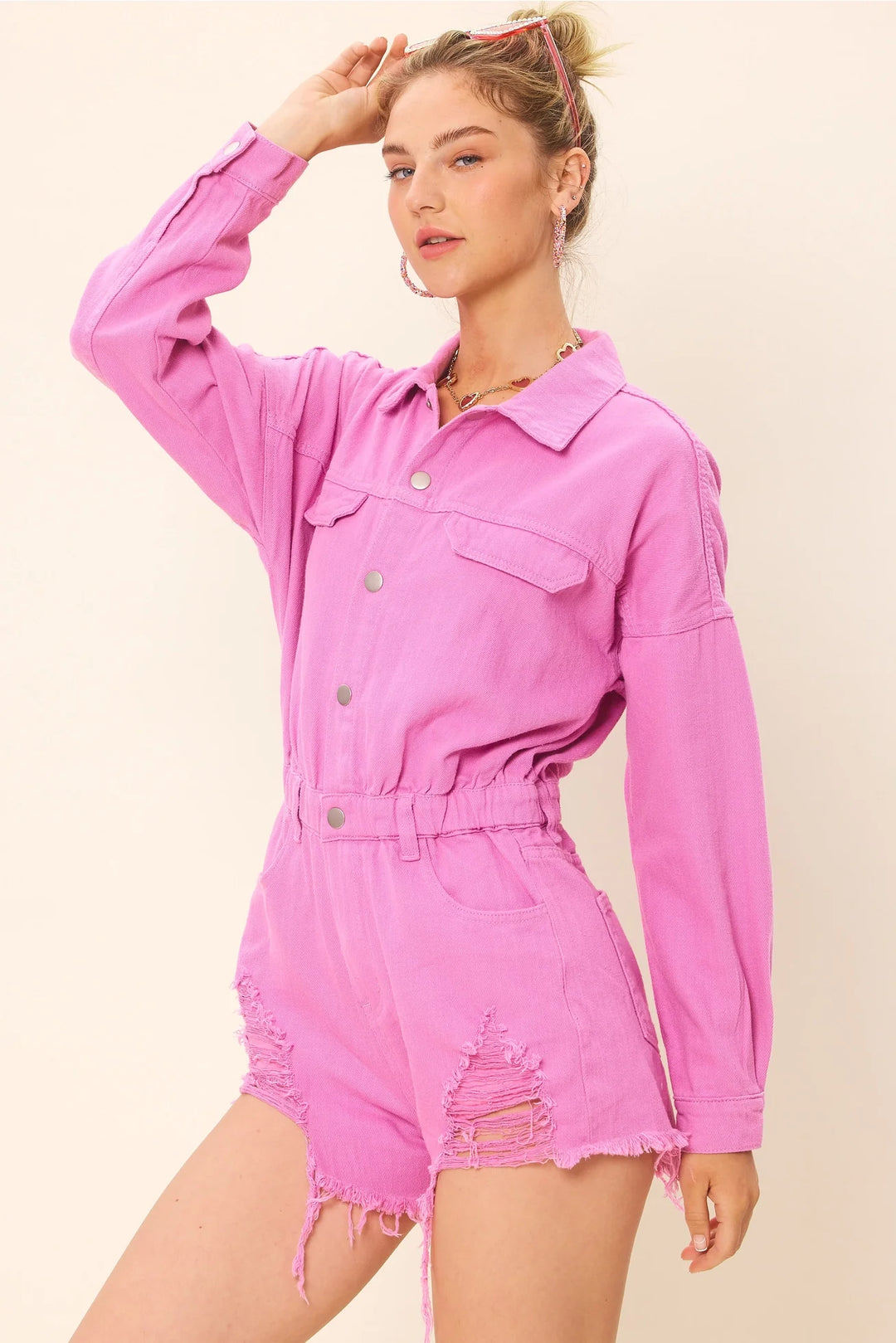 Pink Brooklyn Long Sleeves Denim Romper - Rompers