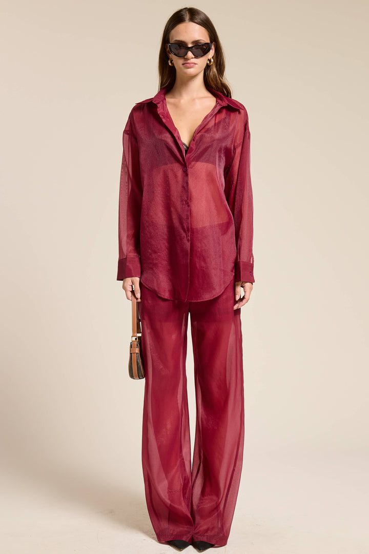 Selene Sheer Organza Collared Blouse - S / Burgundy - shirts