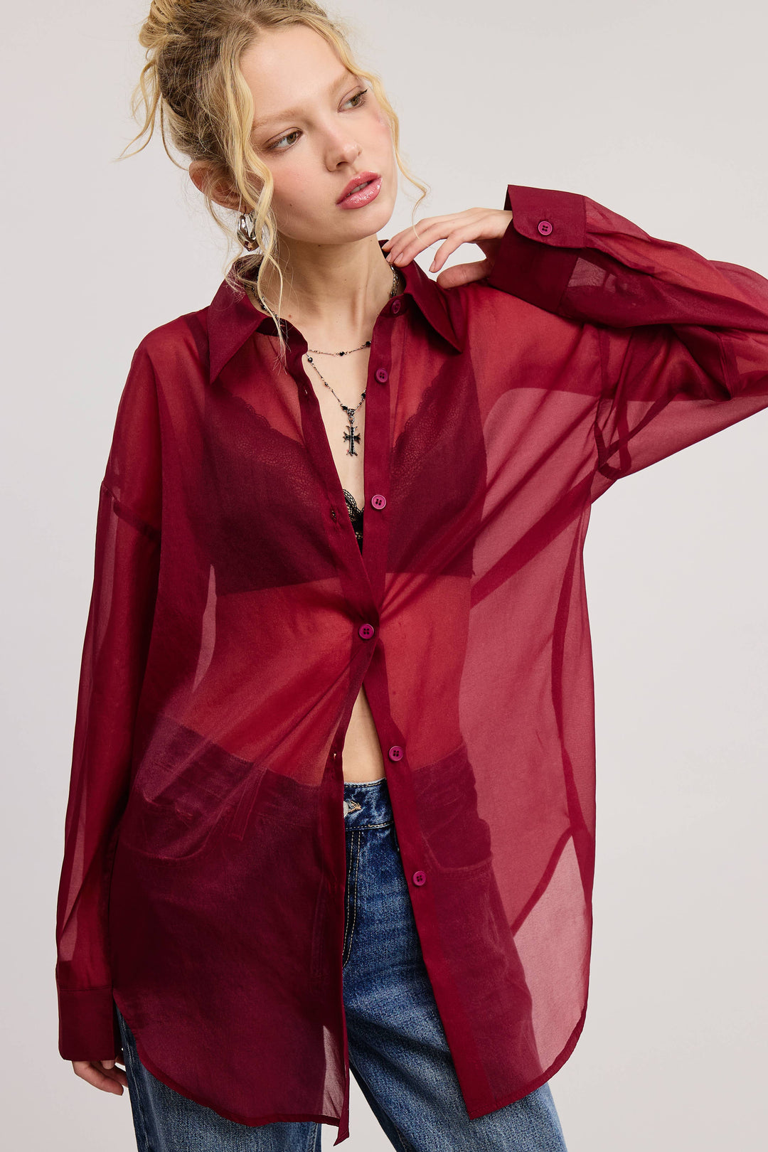 Selene Sheer Organza Collared Blouse - shirts