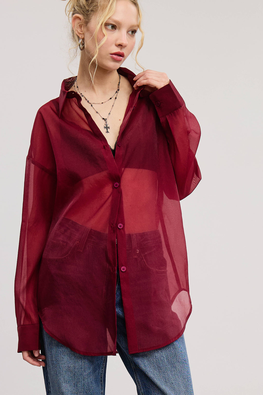 Selene Sheer Organza Collared Blouse - shirts