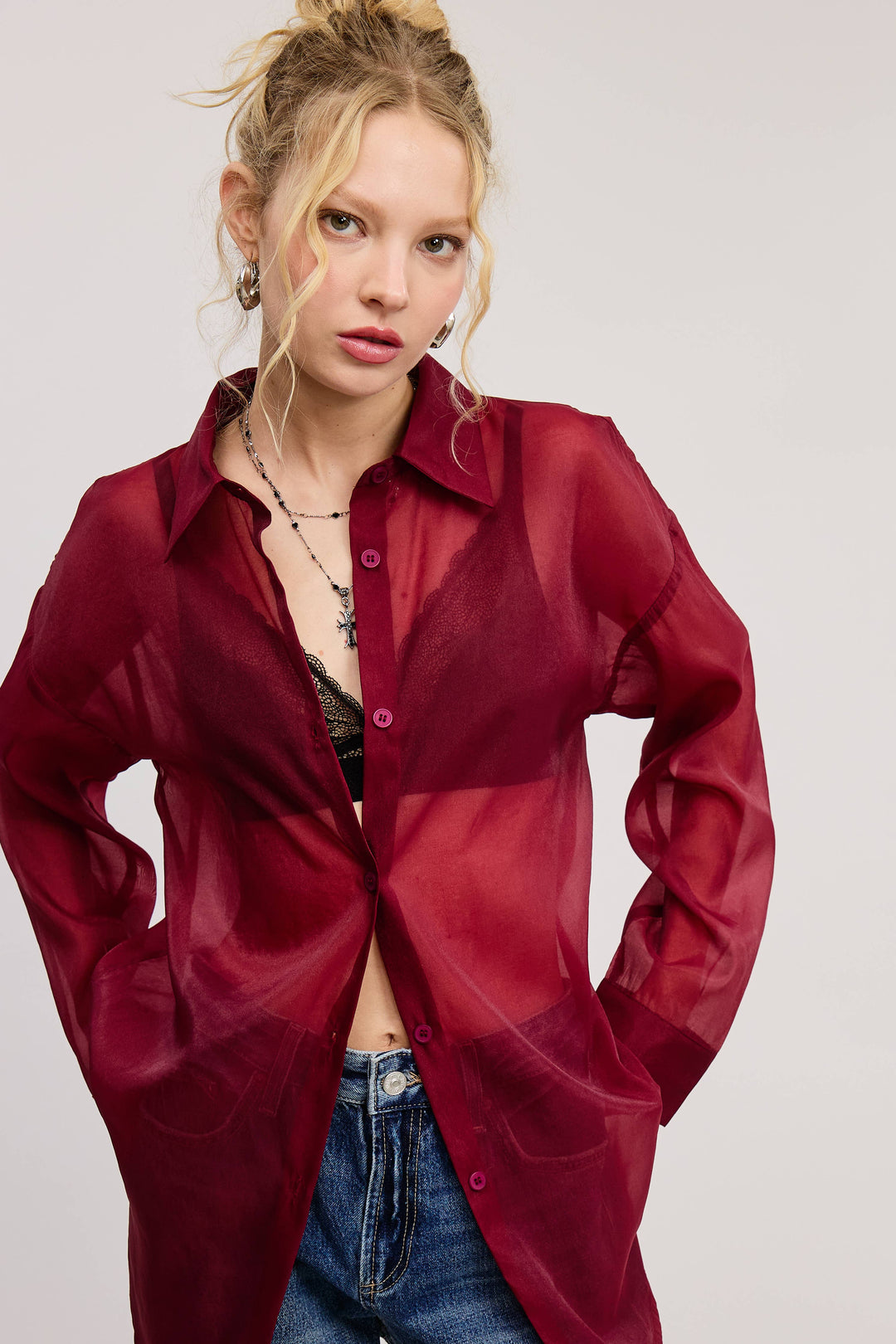 Selene Sheer Organza Collared Blouse - shirts