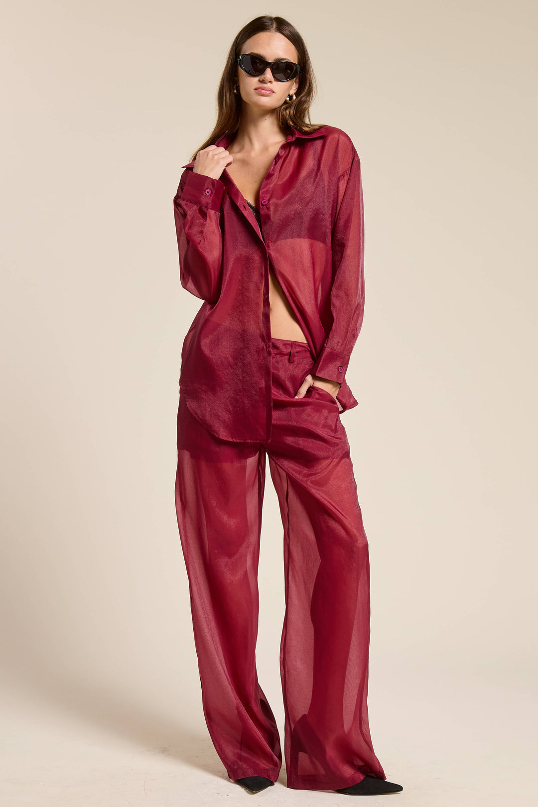 Selene Straight Leg Sheer Organza Pants with Lined Shorts