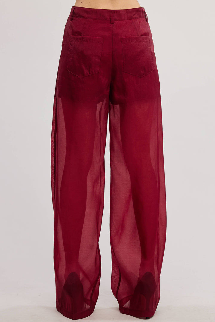 Selene Straight Leg Sheer Organza Pants with Lined Shorts - Burgundy / S
