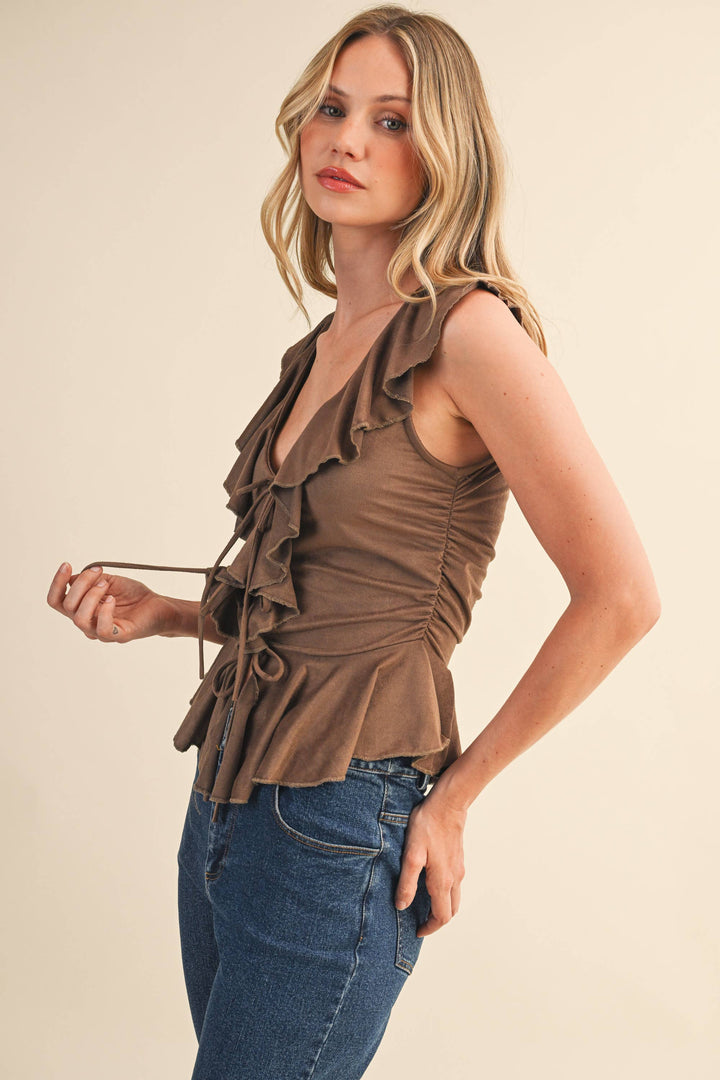 SLEEVELESS RUFFLED NECK TIE FRONT - Tops