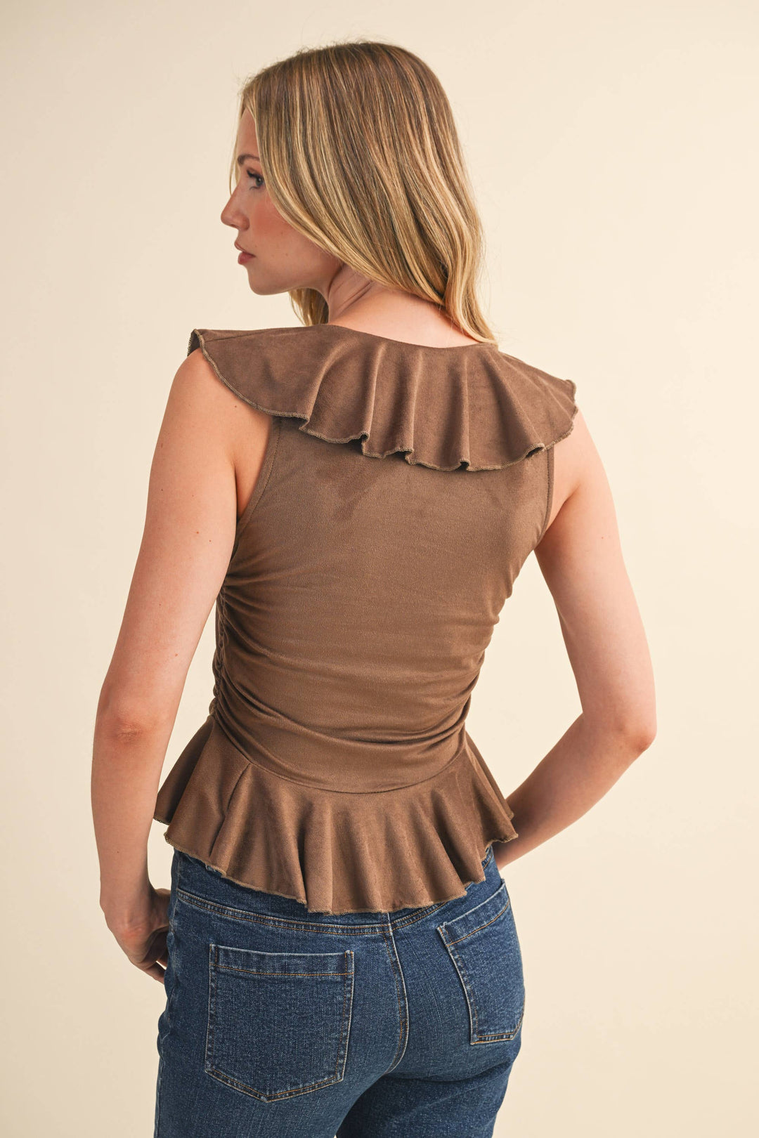SLEEVELESS RUFFLED NECK TIE FRONT - Tops