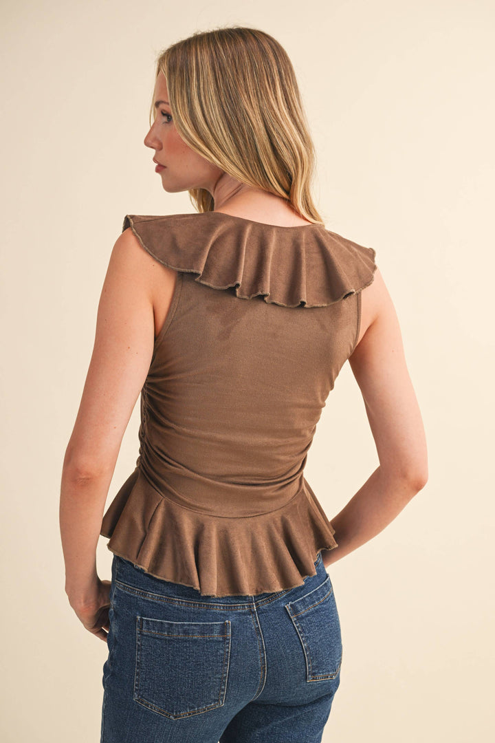 SLEEVELESS RUFFLED NECK TIE FRONT - Tops
