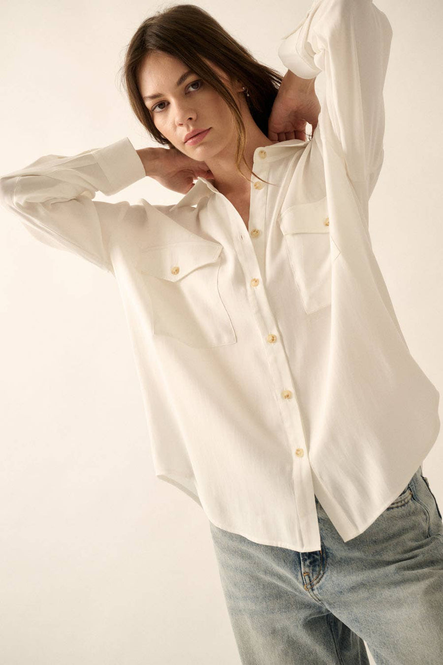 Solid Woven Loose-Fit Button-Up Pocket Shirt - L / OFF WHITE - shirts