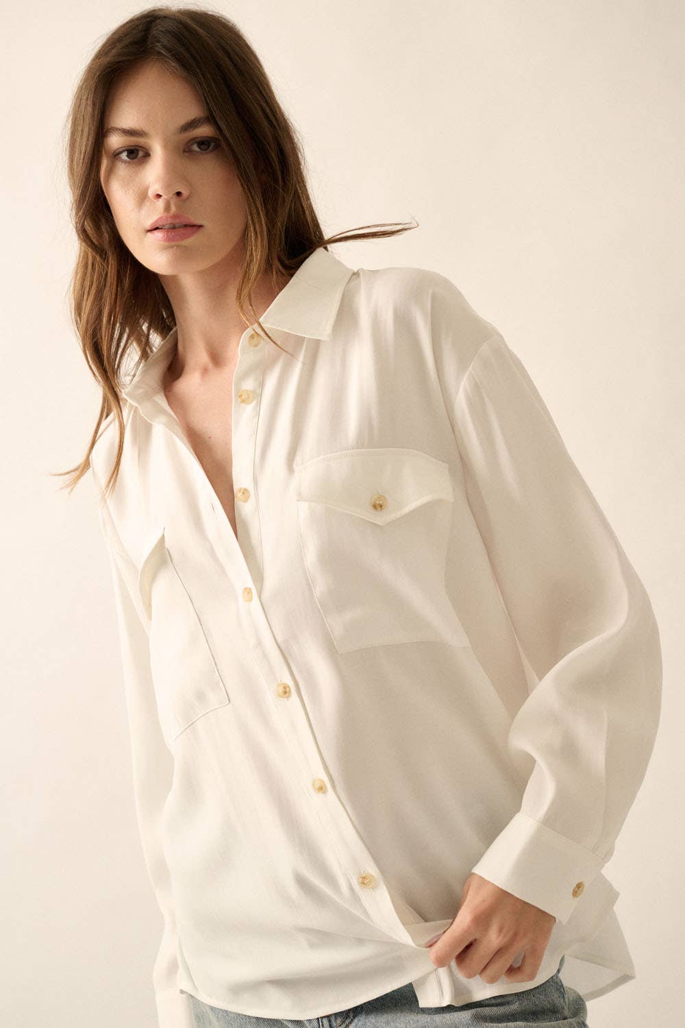 Solid Woven Loose-Fit Button-Up Pocket Shirt - shirts
