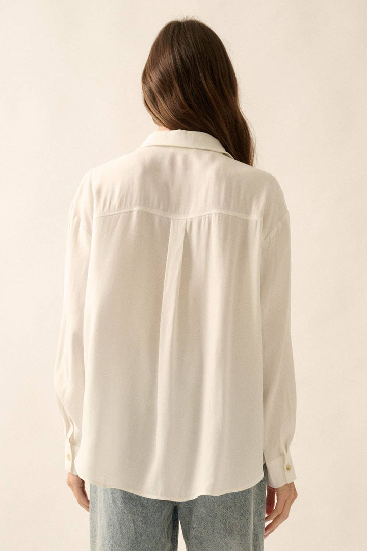 Solid Woven Loose-Fit Button-Up Pocket Shirt - shirts