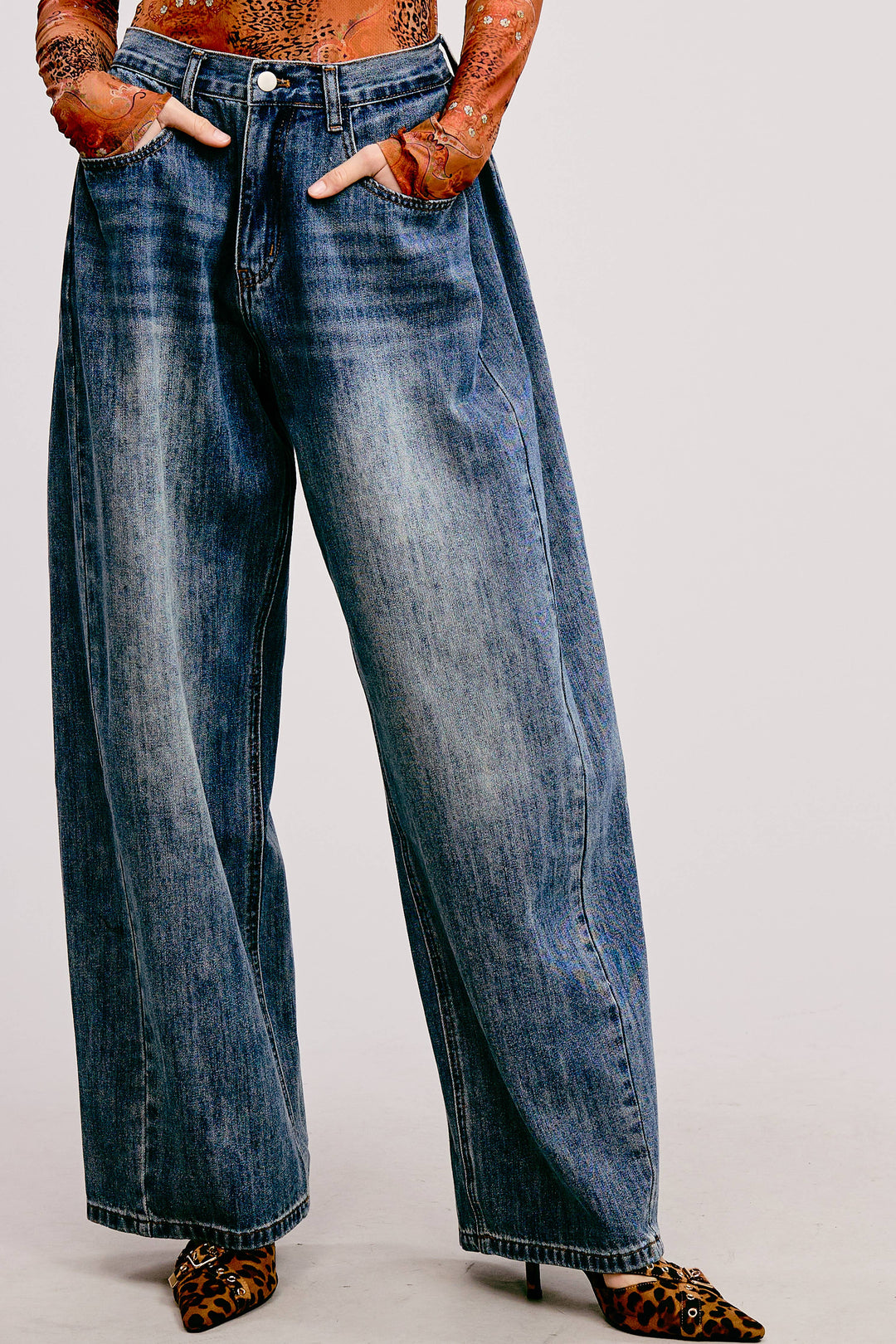Stone Wide Leg Baggy Denim Jeans - Jeans