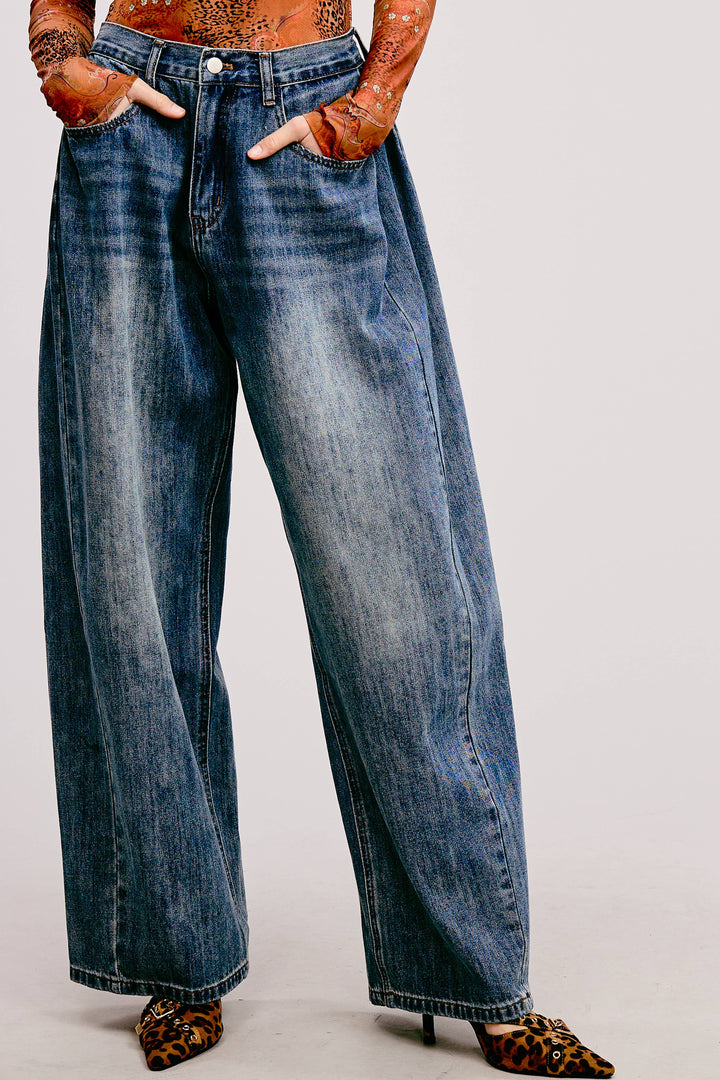 Stone Wide Leg Baggy Denim Jeans - Jeans