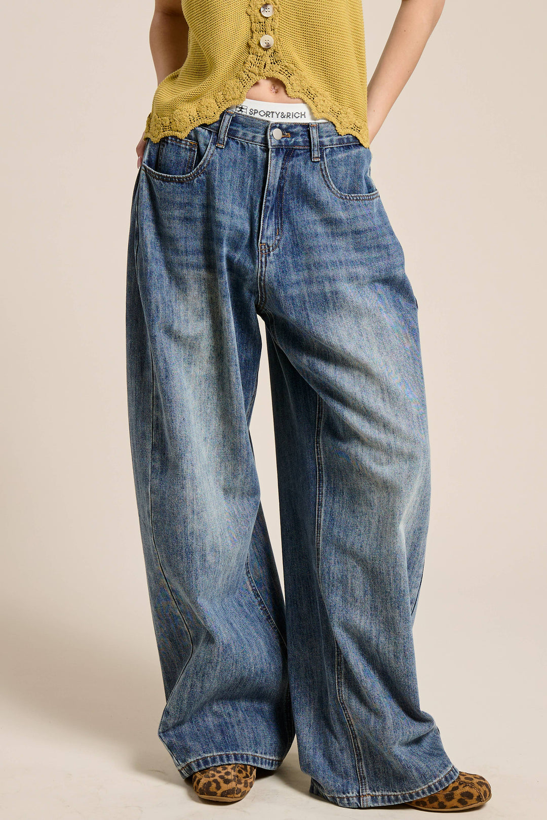 Stone Wide Leg Baggy Denim Jeans - Jeans