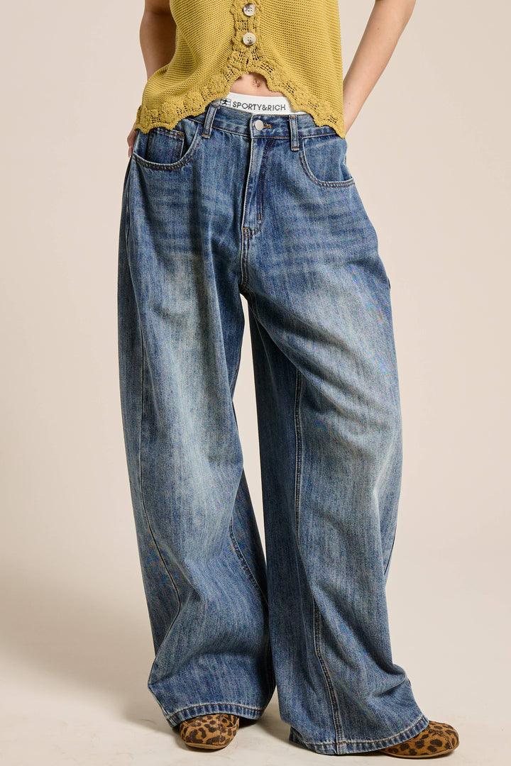 Stone Wide Leg Baggy Denim Jeans - Jeans